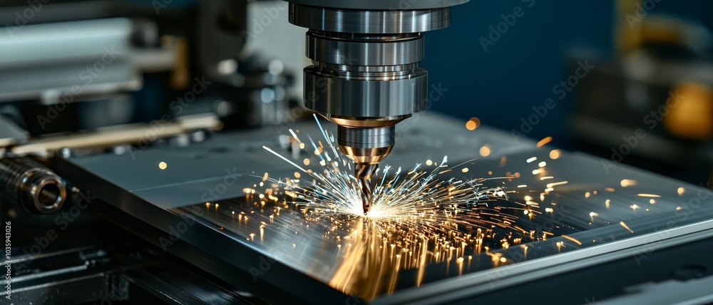 Dynamic Metal-Working Machine Close-Up Drill Bit Cutting Metal with Spark Shower in Industrial Workshop - Intense High-Tech Manufacturing Process Dynamic Metal-Working Machine Close-Up Drill Bit Cutting Metal with Spark Shower in Industrial Workshop - Intense High-Tech Manufacturing Process