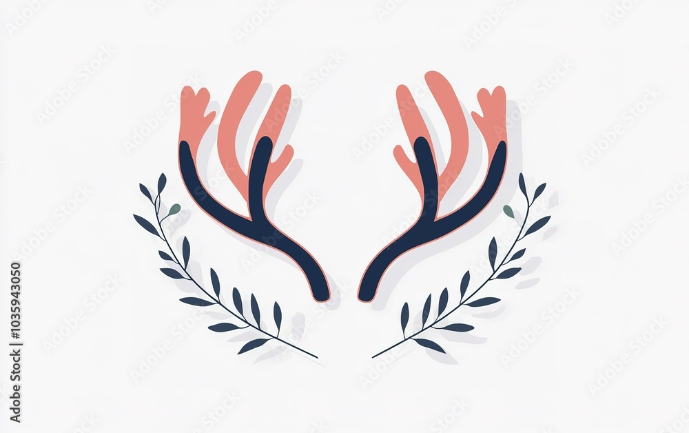 Stylized hand-drawn antlers with greenery on a clean white background showcasing a modern artistic design Stylized hand-drawn antlers with greenery on a clean white background showcasing a modern artistic design