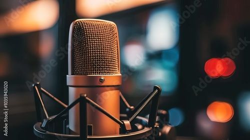 Close-up of microphone on stand in soundproof recording studio, positioned in front of script stand, symbolizing voice acting and audio production.