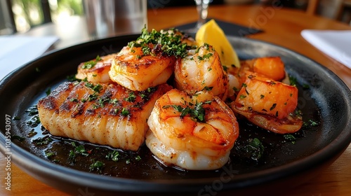 A delectable serving of shrimp and fish paired with a zesty lemon garnish, plated to perfection, promising a flavorsome experience in a modern dining setting. photo