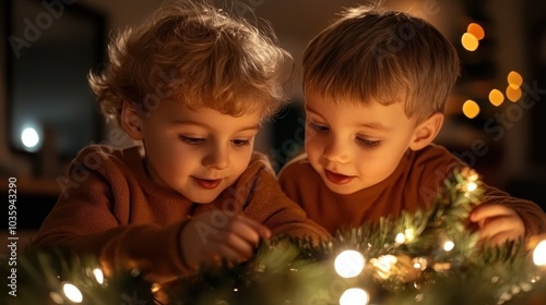 Two young children with bright eyes and curious expressions, closely observing enchanting string lights during festive celebrations, evoking joy and wonder.