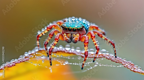 Colorful spider with dew on a web.