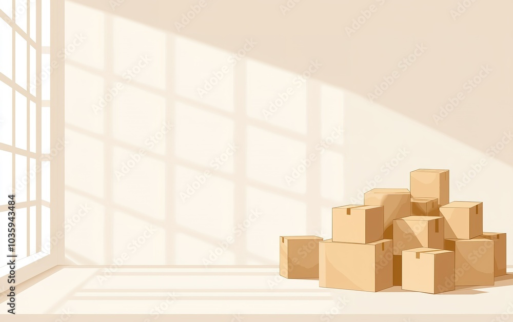 A stack of cardboard boxes near a large window casting shadows in a bright room A stack of cardboard boxes near a large window casting shadows in a bright room