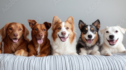 A group of five dogs, each with their own unique fur colors and patterns, comfortably relaxing together on a striped bed, exemplifying diversity and unity. photo