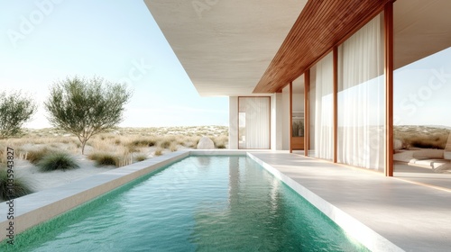 A sleek outdoor pool provides relaxation amid a desert landscape with a modern design, offering a luxurious escape with panoramic views and ultimate comfort.