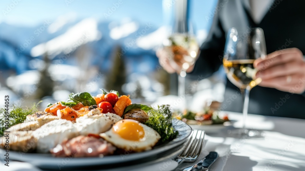 A hearty brunch featuring sunny-side-up eggs, tomatoes, and wine, enjoyed outside with a majestic view of snow-covered mountains under bright daylight. A hearty brunch featuring sunny-side-up eggs, tomatoes, and wine, enjoyed outside with a majestic view of snow-covered mountains under bright daylight.
