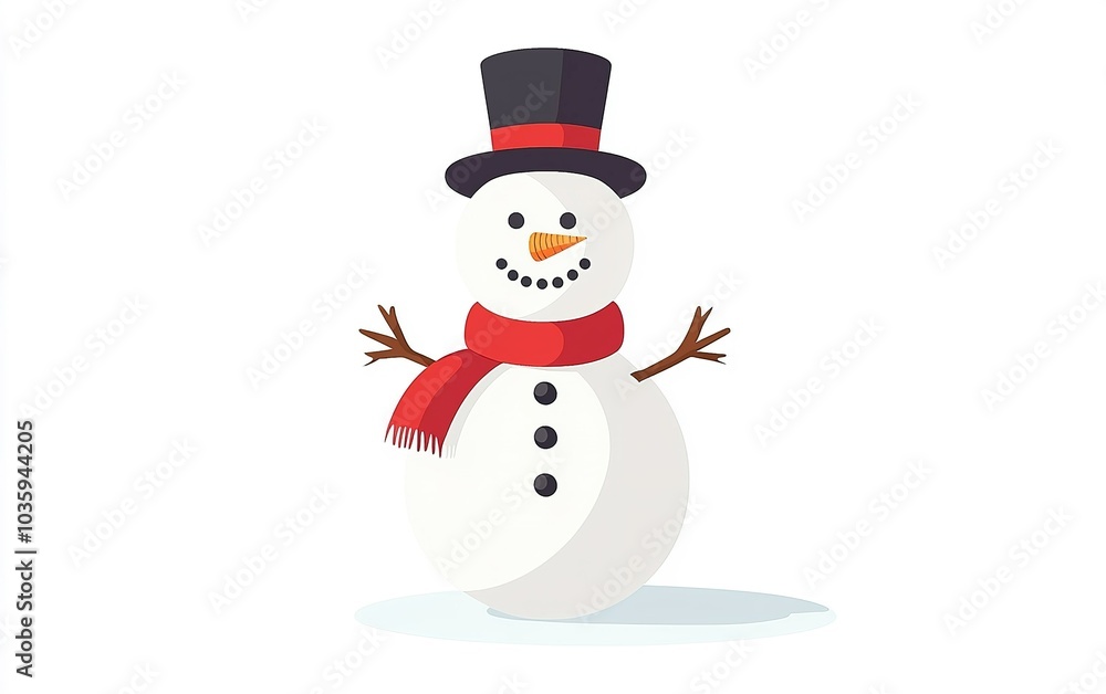 A cheerful snowman wearing a black top hat and red scarf stands in a winter landscape under a clear blue sky A cheerful snowman wearing a black top hat and red scarf stands in a winter landscape under a clear blue sky