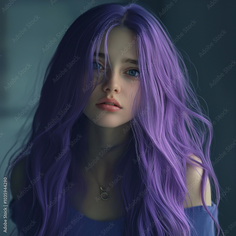 portrait of young woman with violet , purple hair portrait of young woman with violet , purple hair
