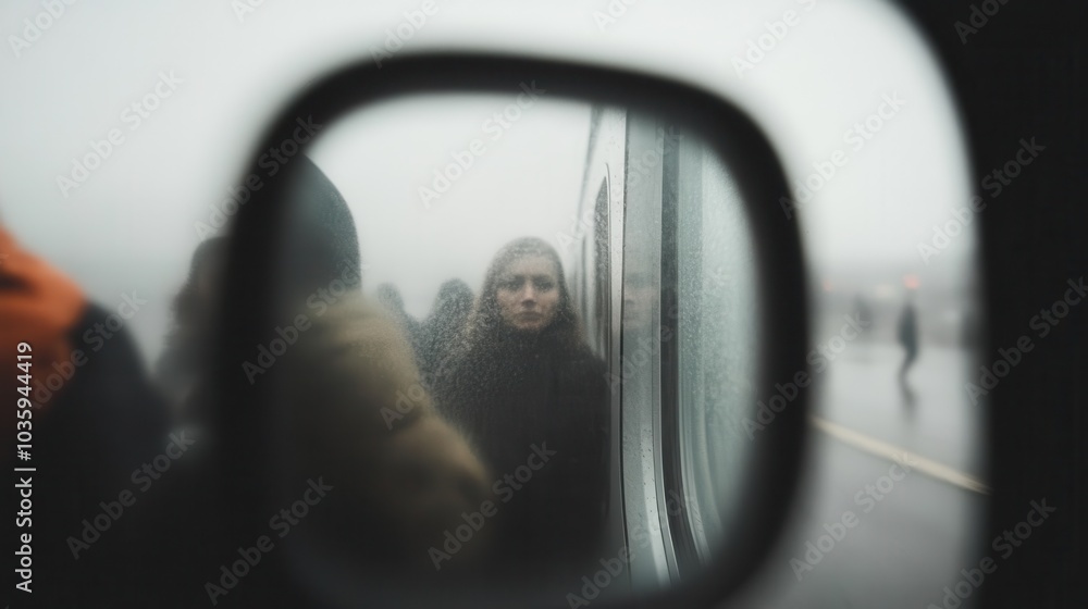 A person is captured in reflection through a blurred window, evoking a mood of anticipation and introspection with a soft, abstract depiction of waiting.