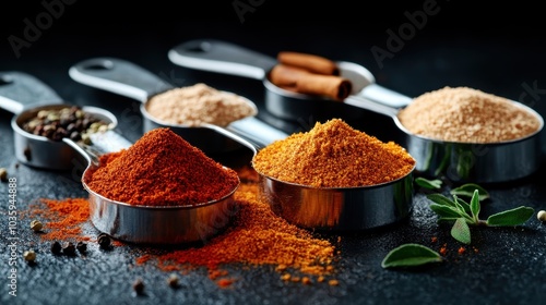 A vibrant display of diverse spices in metal measuring spoons, highlighting vivid colors and textures, perfect for culinary enthusiasts and food lovers. photo