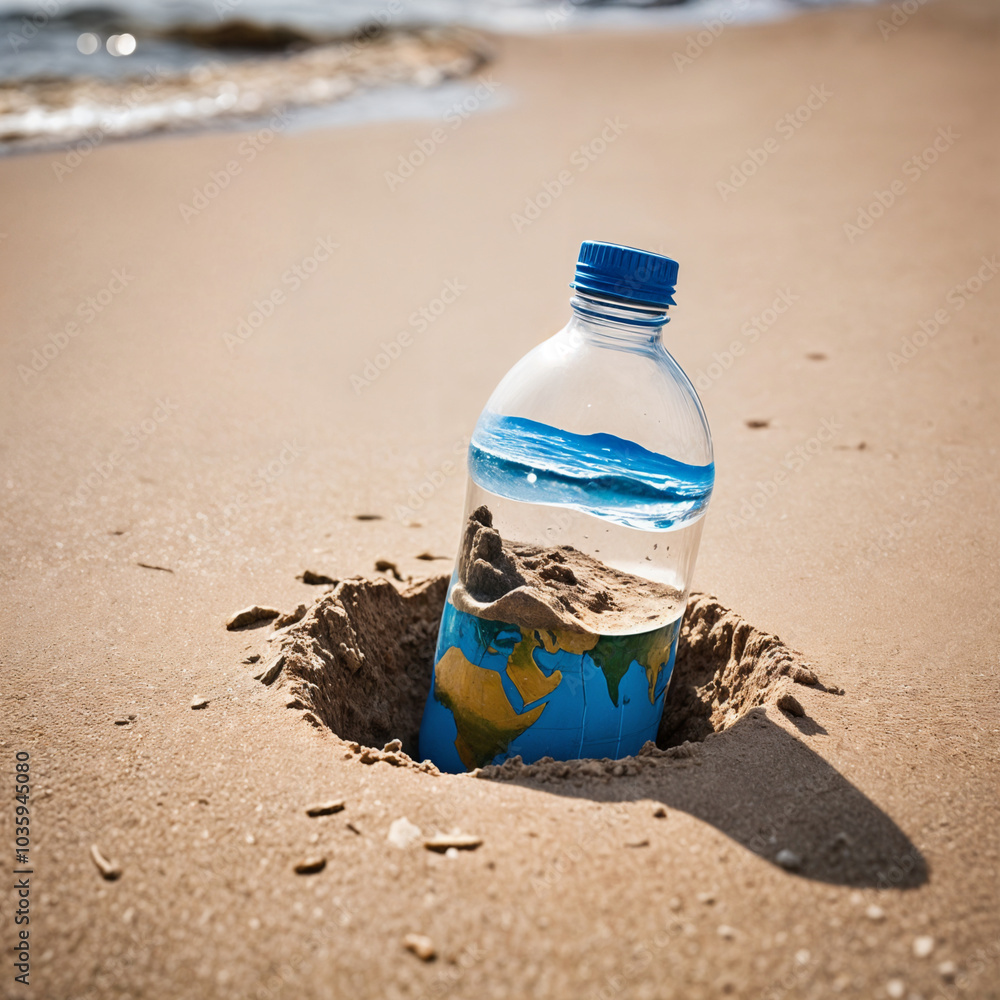 Plastic Bottle Pollutes Pristine Beach, Highlighting Environmental Issues. This image depicts a plastic bottle partially buried in the sand on a beach, representing the impact of pollution. Plastic Bottle Pollutes Pristine Beach, Highlighting Environmental Issues. This image depicts a plastic bottle partially buried in the sand on a beach, representing the impact of pollution.