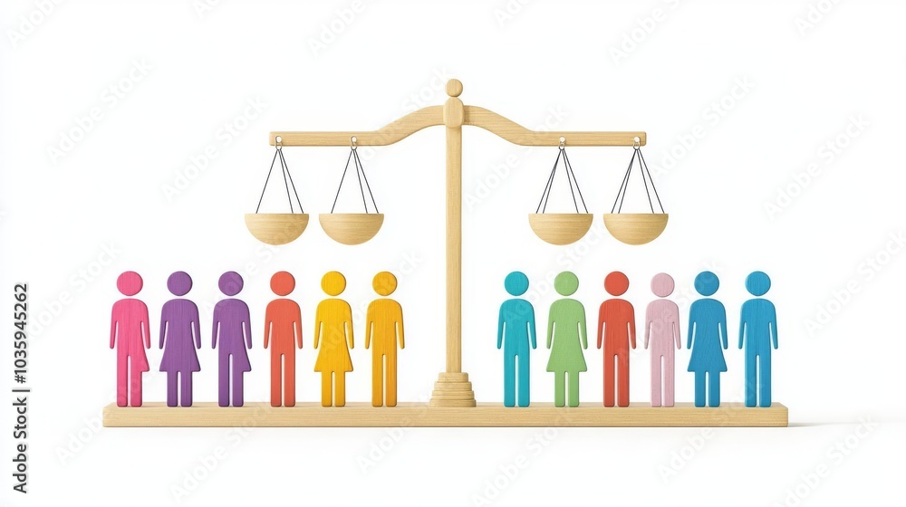 Concept of equality represented by a balance scale, symbolizing fairness and justice among diverse people. Concept of equality represented by a balance scale, symbolizing fairness and justice among diverse people.