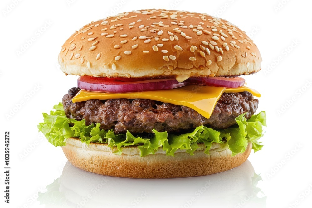 Perfect hamburger classic burger american cheeseburger isolated on white reflection burger Perfect hamburger classic burger american cheeseburger isolated on white reflection burger