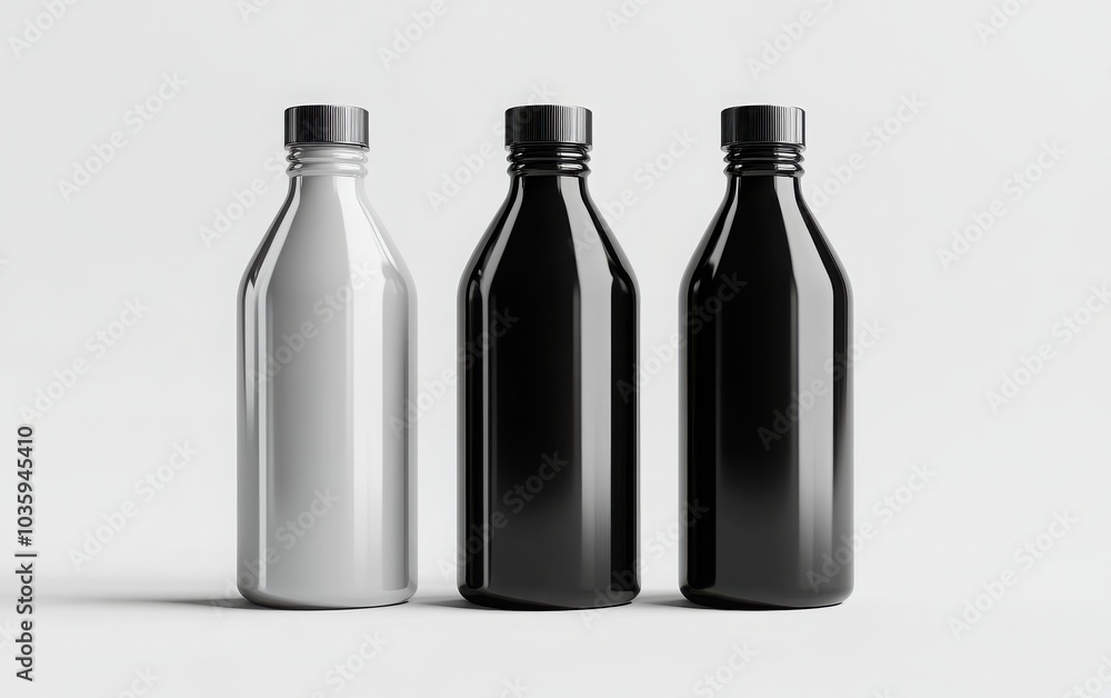 A sleek 3D rendering of an aluminum bottle in a modern color palette of black, grey, and white A sleek 3D rendering of an aluminum bottle in a modern color palette of black, grey, and white