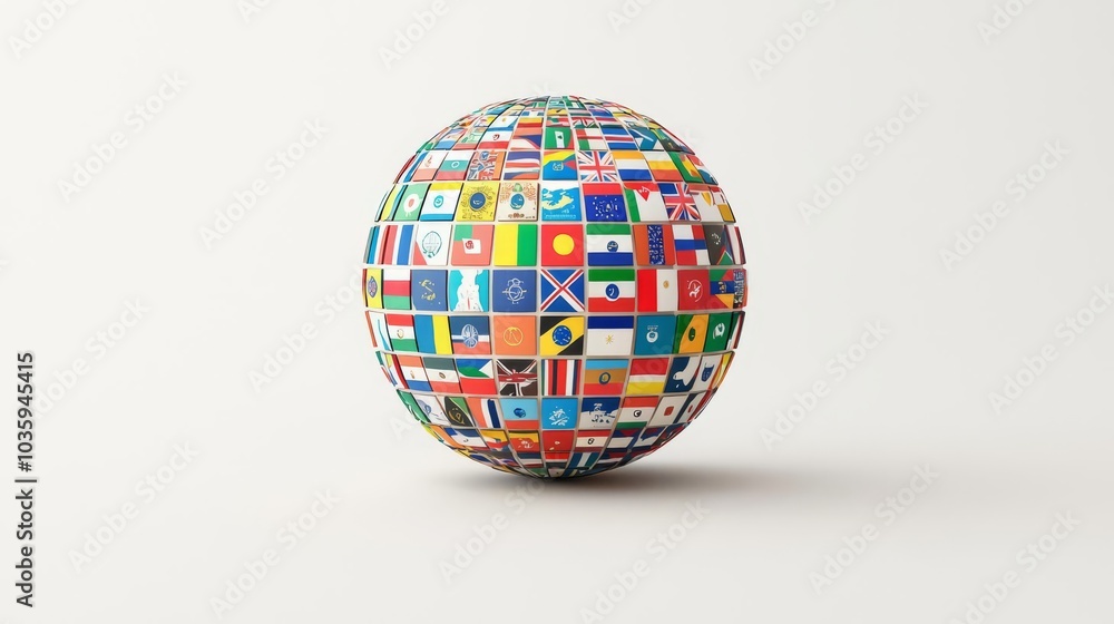 A colorful globe covered with various country flags, representing unity and diversity in the world.