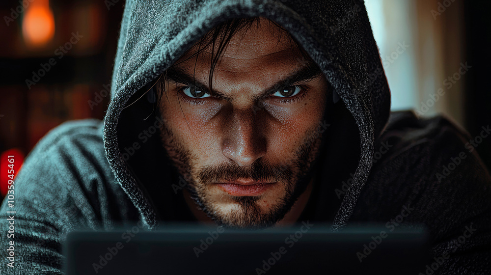 A hiding professional hacker with a hoodie not showing his face hacking illegally. Generative AI A hiding professional hacker with a hoodie not showing his face hacking illegally. Generative AI