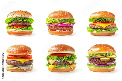 Assorted burgers with layered ingredients on white background.