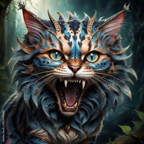 Portrait of a fairy tale aggressive toothy angry cat