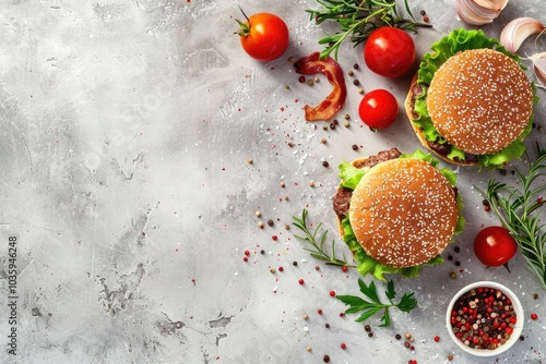 Top view of delicious homemade burger with beef and toppings.