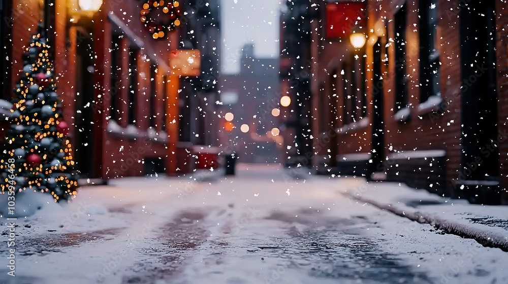 A snowy alleyway adorned with warm lighting, creating a cozy winter atmosphere. A snowy alleyway adorned with warm lighting, creating a cozy winter atmosphere.