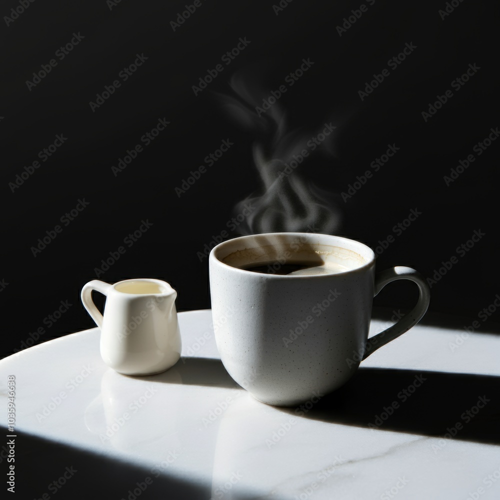 Steaming Coffee Cup with Creamer on Table Steaming Coffee Cup with Creamer on Table