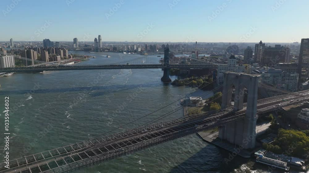 sunny morning aerial shot curving towards downtown Brooklyn sunny morning aerial shot curving towards downtown Brooklyn