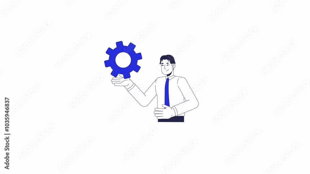 Office worker korean man holding cog gear 2D character animation. Engineer cartoon 4K video, alpha channel. Corporate male shirt tie employee presenting cogwheel animated person on white background Office worker korean man holding cog gear 2D character animation. Engineer cartoon 4K video, alpha channel. Corporate male shirt tie employee presenting cogwheel animated person on white background