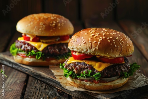 Homemade beef burgers with cheese and vegetables on wooden table.