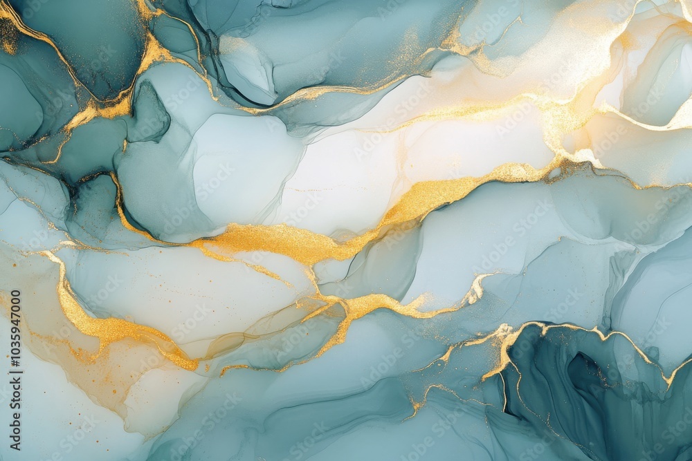 Naklejka premium Graceful liquid abstract art inspired by alcohol ink processes. Delicate and dreamy background design showcasing a mixture of colors that create see-through waves with glittering gold accents