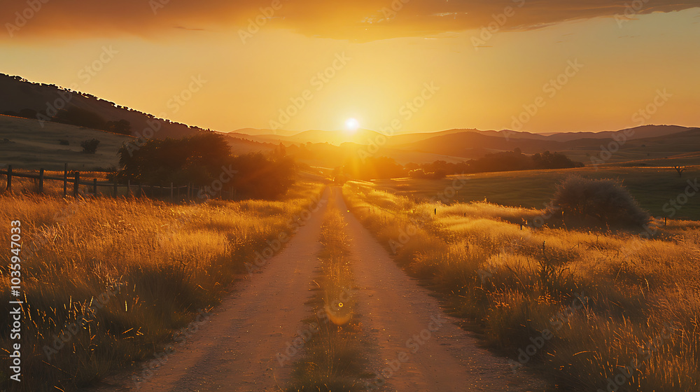 A dirt road leading into the sunset over a scenic landscape. A dirt road leading into the sunset over a scenic landscape.