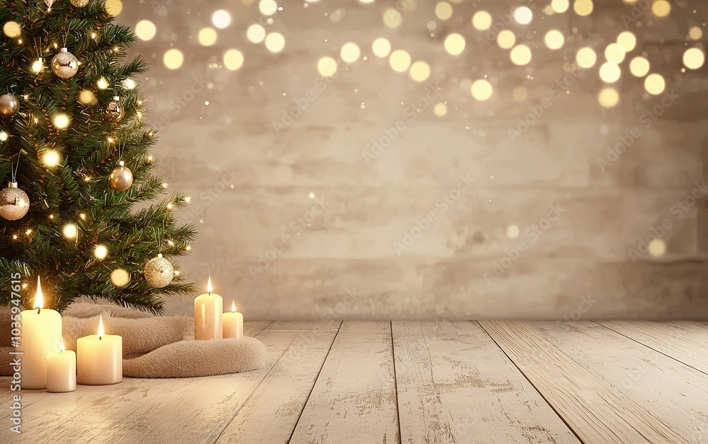 Cozy Christmas setting with decorated tree, glowing candles, and warm lights in a festive room Cozy Christmas setting with decorated tree, glowing candles, and warm lights in a festive room