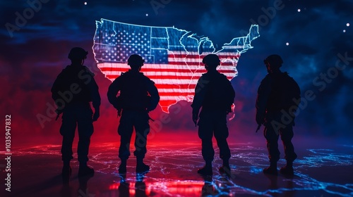 Soldiers standing in front of a map of the USA.