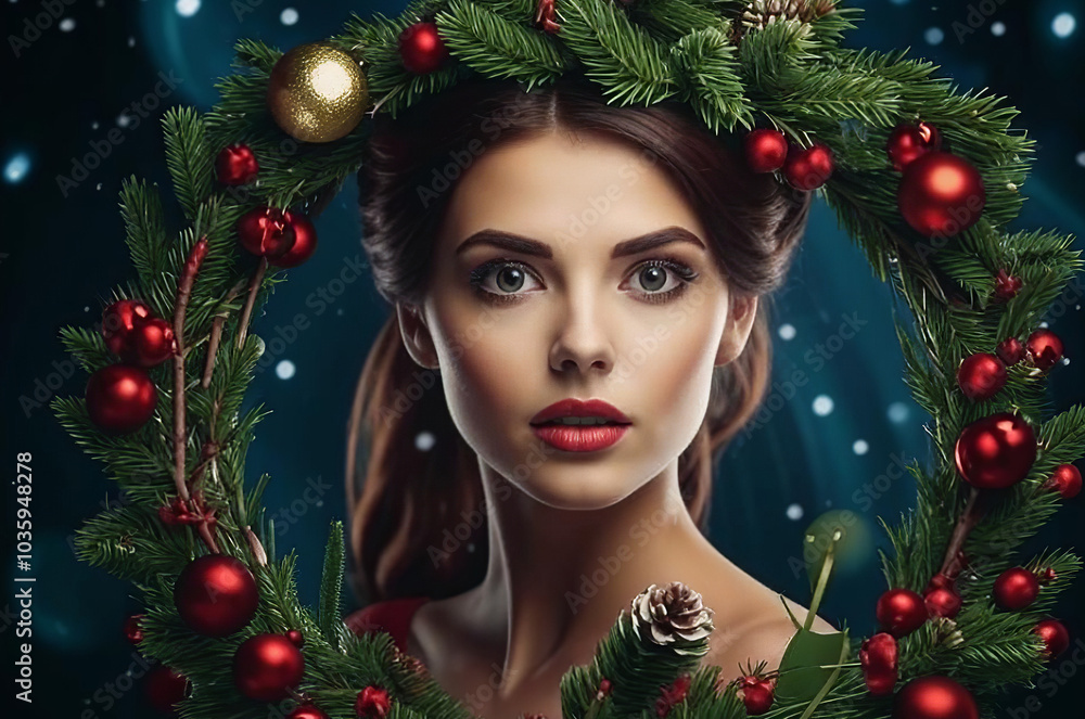 A beautiful woman framed by a festive Christmas wreath decorated with red ornaments, pine branches, and snowflakes, set against a wintry background. A beautiful woman framed by a festive Christmas wreath decorated with red ornaments, pine branches, and snowflakes, set against a wintry background.