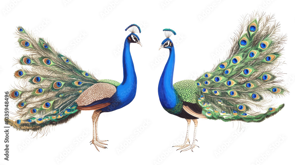 Fototapeta premium Two Colorful Peacocks Showing Their Feathers Generative AI