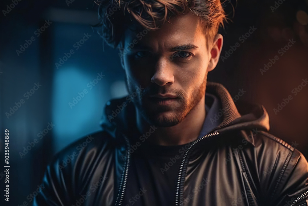 A man with a serious expression, wearing a black leather jacket, standing in dramatic lighting, his intense gaze and strong features creating a moody atmosphere A man with a serious expression, wearing a black leather jacket, standing in dramatic lighting, his intense gaze and strong features creating a moody atmosphere