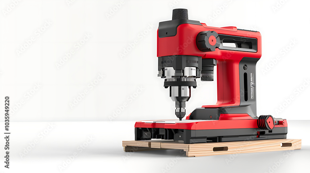 A red and black electric drill press on a wood base. A red and black electric drill press on a wood base.