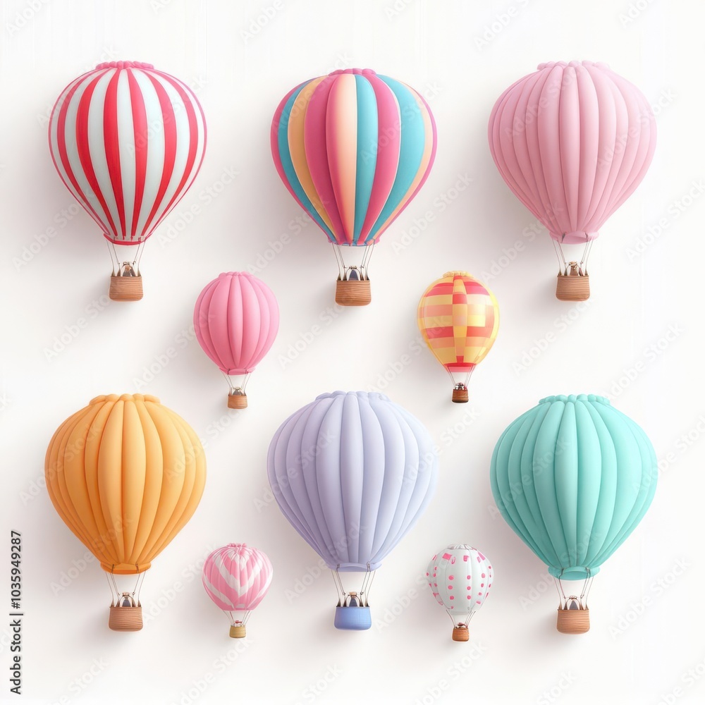 Obraz premium Colorful hot air balloons, travel element, bright palette, isolated on white background