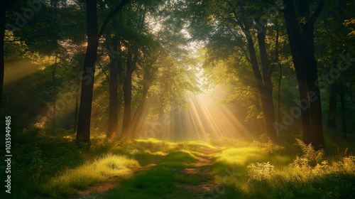 A forest with sunlight shining through the trees