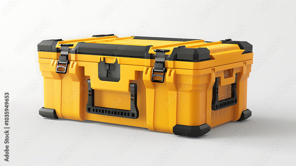 Fototapeta premium Yellow toolbox with black handles and clasps.