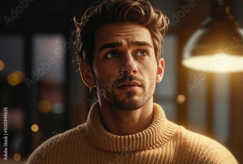 A thoughtful portrait of a man in a turtleneck, gazing upwards as soft light from a window illuminates his face, giving a sense of contemplation photo