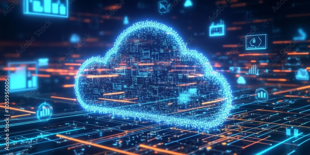 Obraz premium Visual representation of cloud computing with a computer and icons.