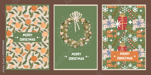 set of christmas and new year greeting card with cookies, gifts, fir