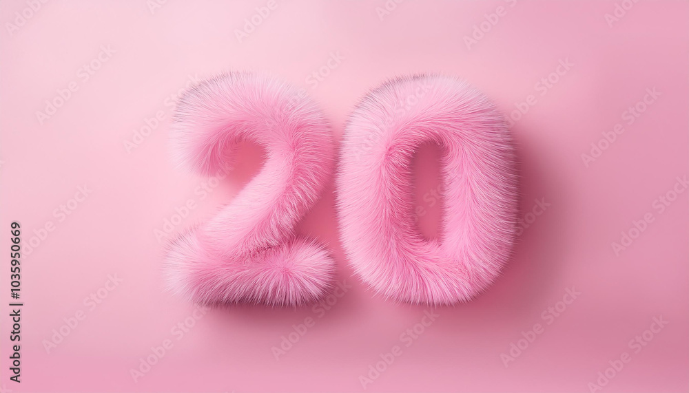 Pink fur number 20 twenty. 3D rendering. Fluffy font for kid education. Creative typographic element Pink fur number 20 twenty. 3D rendering. Fluffy font for kid education. Creative typographic element