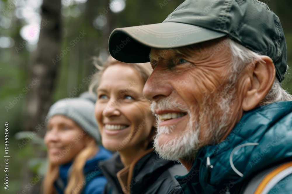 Group of happy elderly friends walking in the park. Focus on man Group of happy elderly friends walking in the park. Focus on man