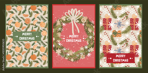 set of christmas and new year greeting card with cookies, gifts, fir