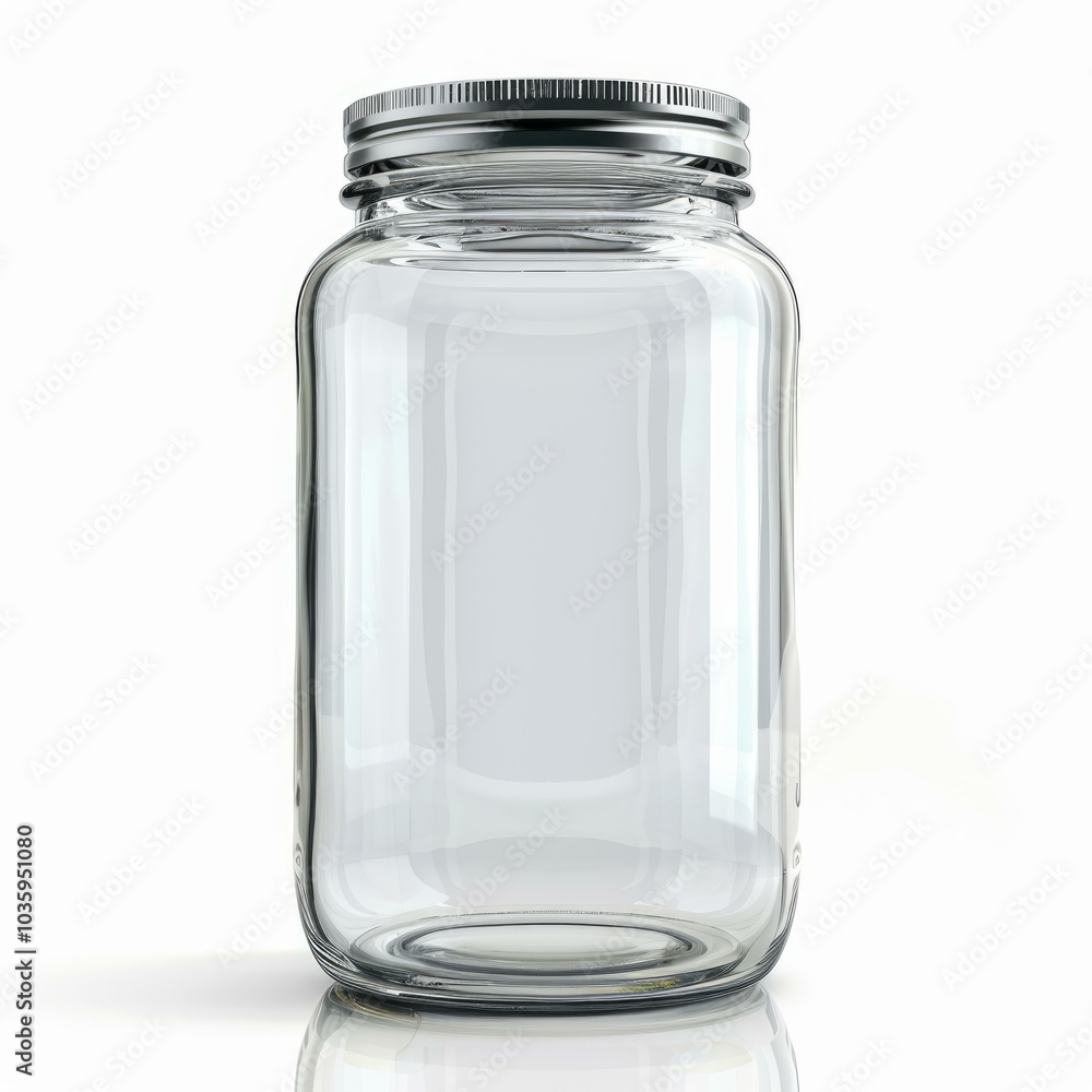 Transparent glass jar with a closed lid standing on a white background reflecting the jar Transparent glass jar with a closed lid standing on a white background reflecting the jar