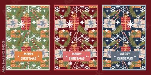 set of christmas and new year greeting card with cookies, gifts, fir