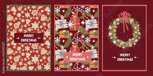 set of christmas and new year greeting card with cookies, gifts, fir