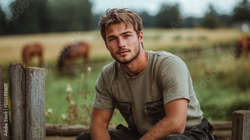 Farmer with a khaki t-shirt sitting on top of a wooden fence.