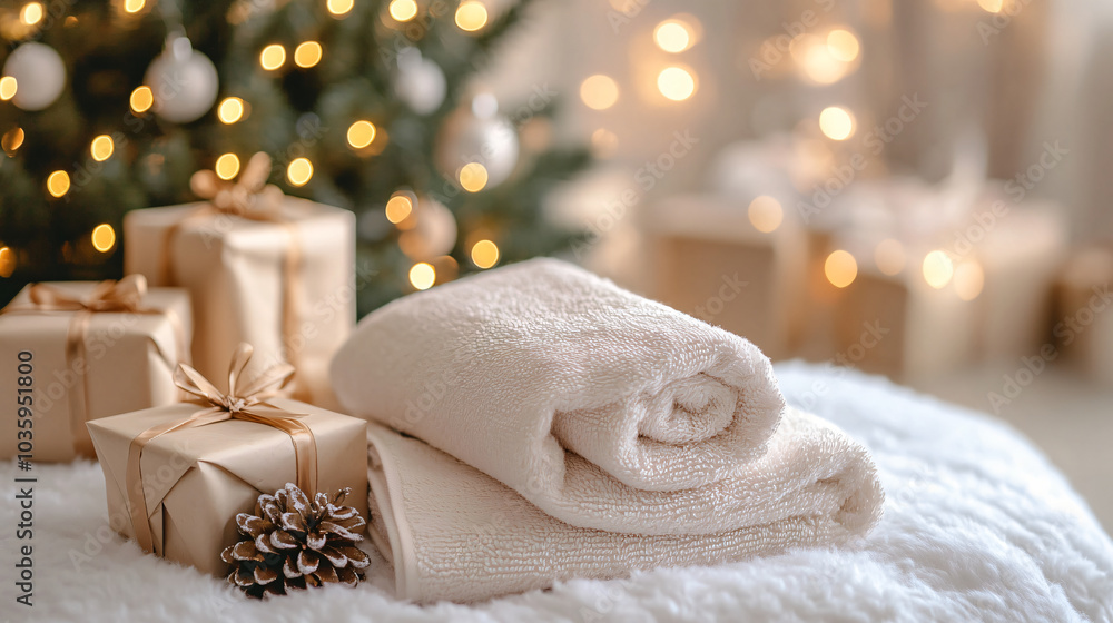 Soft Folded Towels in Cozy Christmas Decor Soft Folded Towels in Cozy Christmas Decor